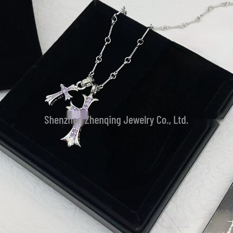 V Gold High Edition Double Cross Necklace with 18K Gold Plating & Multi-Color Diamond Pendant