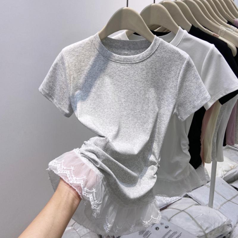 

Женская приталенная футболка с кружевной отделкой в балетном стиле, с короткими рукавами - Весна/Лето 2025 Small