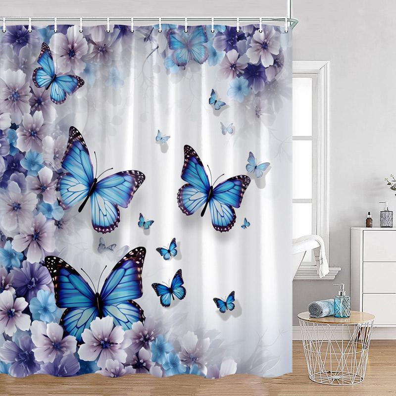 Floral Blue Butterfly Shower Curtain Purple Flowers Butterflies Plant Polyester Fabric Bathroom Decor Bath Curtains with Hooks