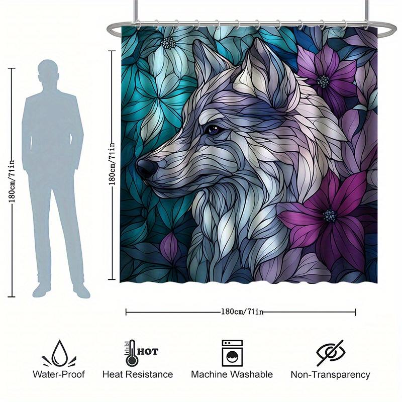 Leaf Wolf Shower Curtain Set, Fantasy Colorful Wolf With Leaves, Water-Resistant Polyester, Bathtub Partition, All-Season