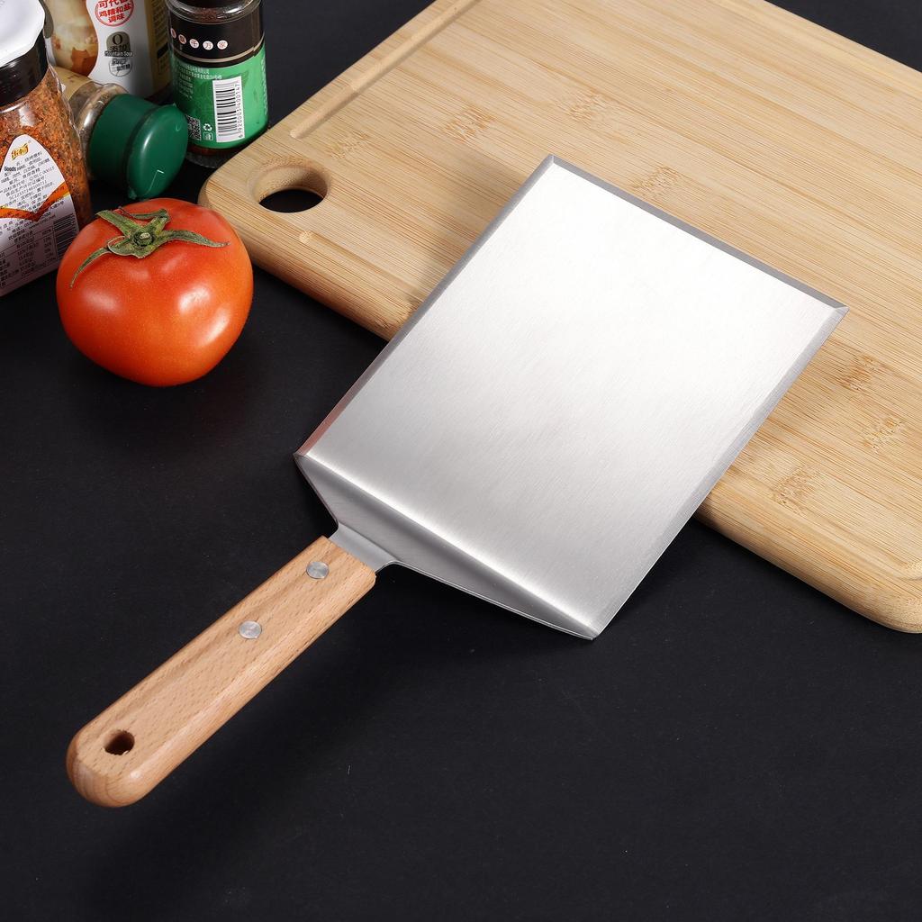 Stainless Steel Curved Shovel with Beech Handle for Pizza, Cake, Pancake, Griddle, Steak, and Cooking.