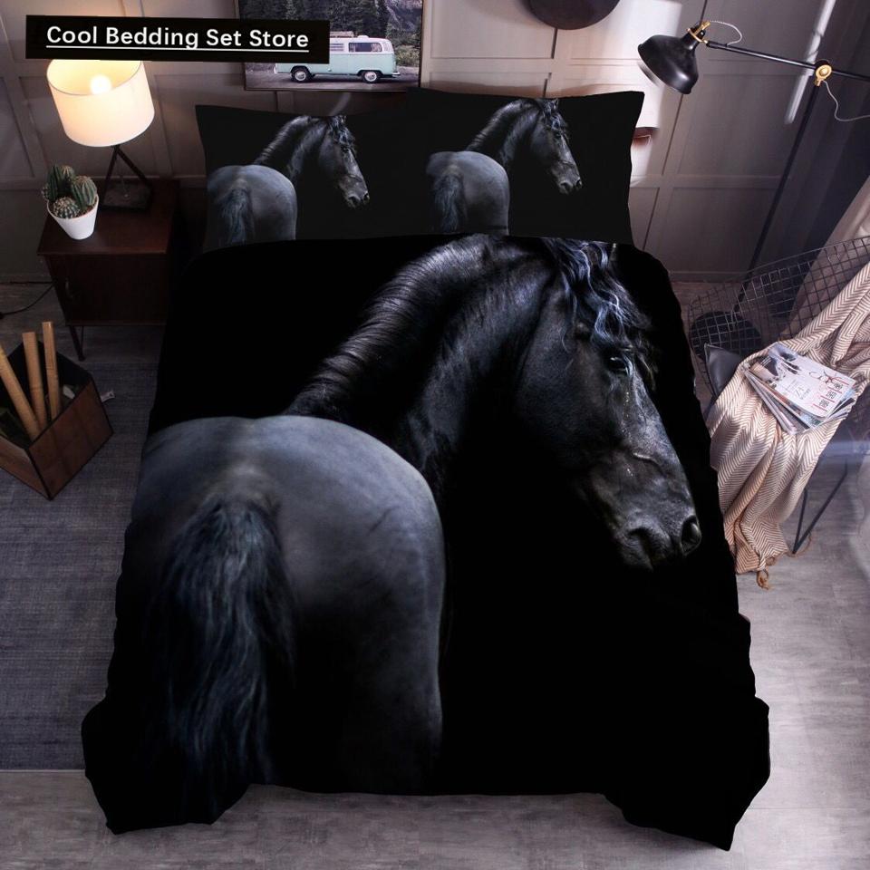 3D Horse Printing Duvet Cover Animal Bedding Set Twin Full Double Queen King Size for Kids Men Black Soft Quilt Cover Pillowcase