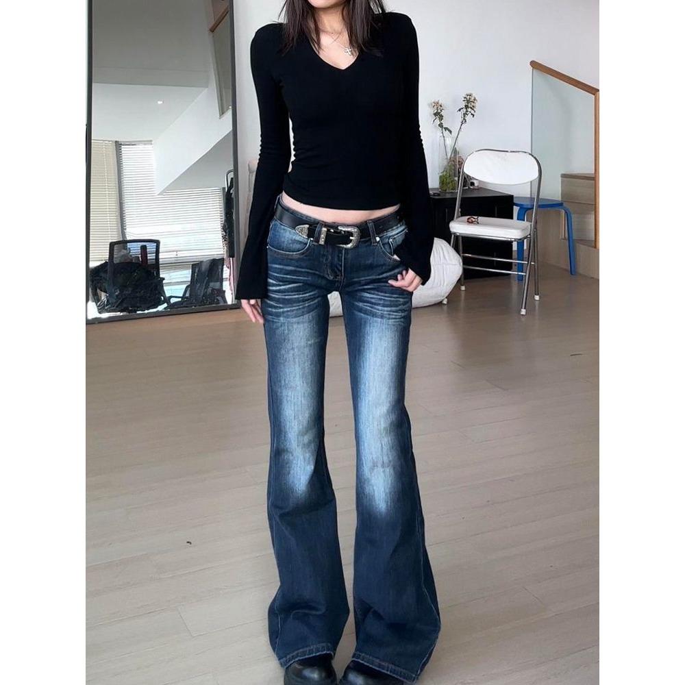 Women's High Waist Flare Jeans Slim Fit Stretch Vintage Blue Sand Wash Denim Trousers