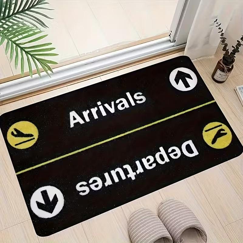 Airport Sign Doormat Funny Entrance Rug with Arrivals Departures Graphic Black Yellow Navy Blue Modern Welcome Mat Gift