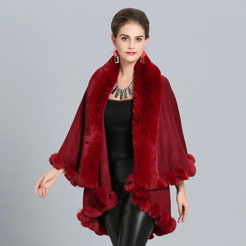 10 Colors Winter Warm String Faux Fox Fur Long Knitted 2 Layer Poncho Cape Cloak Oversize Women Cardigan Loose Shawl Street Coat
