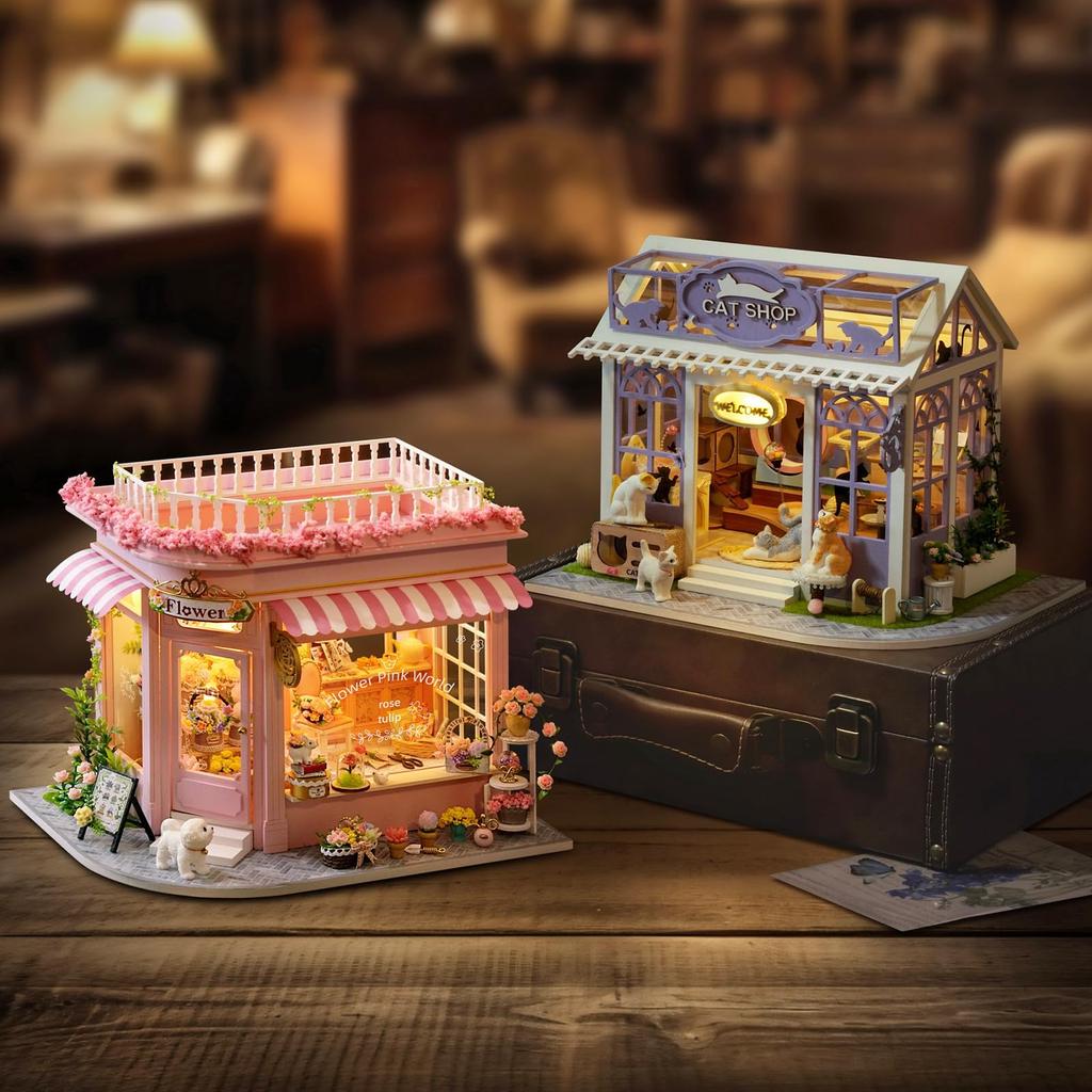 CUTEROOM Dollhouse for Beginners: Wooden Miniature Pink Flower Shop (DIY Toy - Includes Miniature Wooden Furniture and Decorations) - Perfect Gift