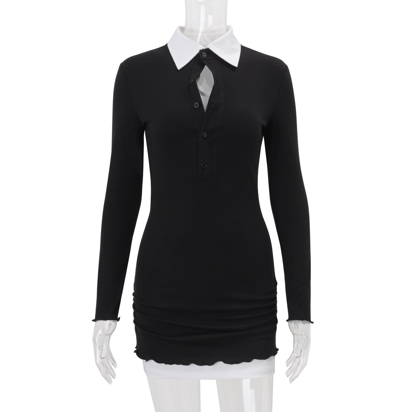 

European and American women s clothing spring new fashion temperament college style sweet and fresh slim long-sleeved dress set S чёрный