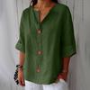 Summer Autumn Loose Casual Women'S V Neck Cotton Linen Button Top, Solid Color Elegant Half Sleeve Office Blouse