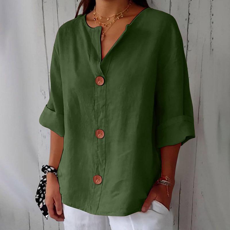 Summer Autumn Loose Casual Women'S V Neck Cotton Linen Button Top, Solid Color Elegant Half Sleeve Office Blouse
