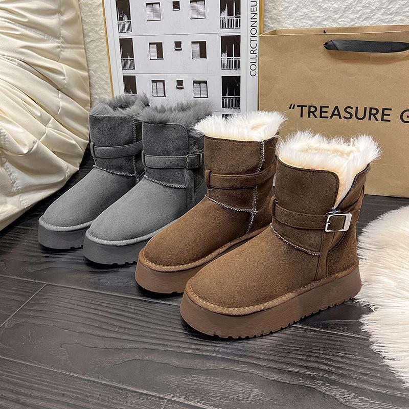 Thick-soled snow boots women's winter velvet thickened 2025 new fashion versatile belt buckle warm medium tube Martin boots