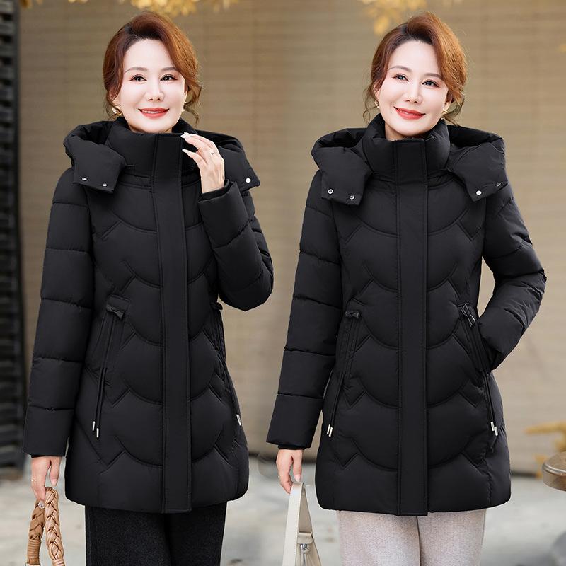 Middle-aged and elderly large-size cotton-padded clothes, women's medium and long hats, removable winter mother's clothing temperament, thickened cott