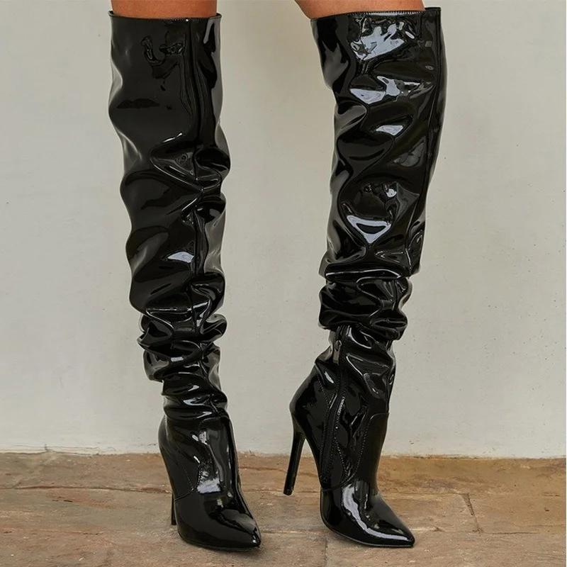 Sexy Pointy Thigh High Boot for Womens Party Shoes Patent Leather Pleated Over The Knee Slim Long Boots Botas De Mujer