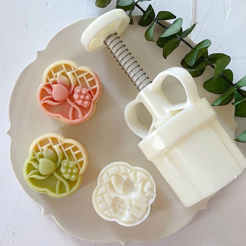 Ergonomic Handle Stamp Set Durable Mooncake Molds Lotusflower Shaped ABS Material Perfect Gift for Pastry Enthusiasts