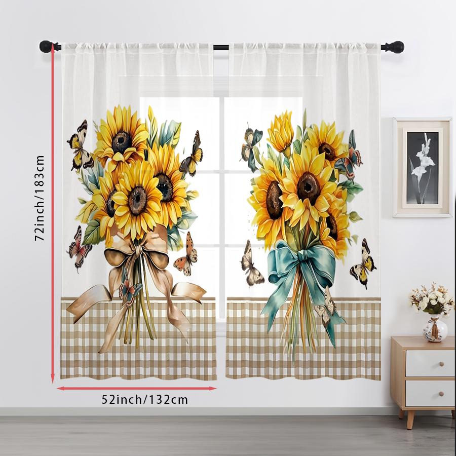 2PCS Digital Print Sheer Curtain, Plaid Sunflower, Modern Minimalist Window Curtains for Living Room Bedroom Home Decor