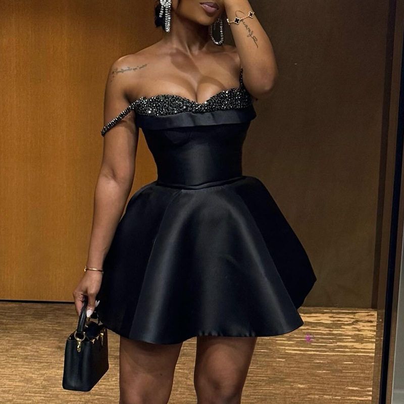

Платье большого размера в стиле ночного клуба с лямками на груди, Короткое сексуальное вечернее платье для женщин, Черное Black S