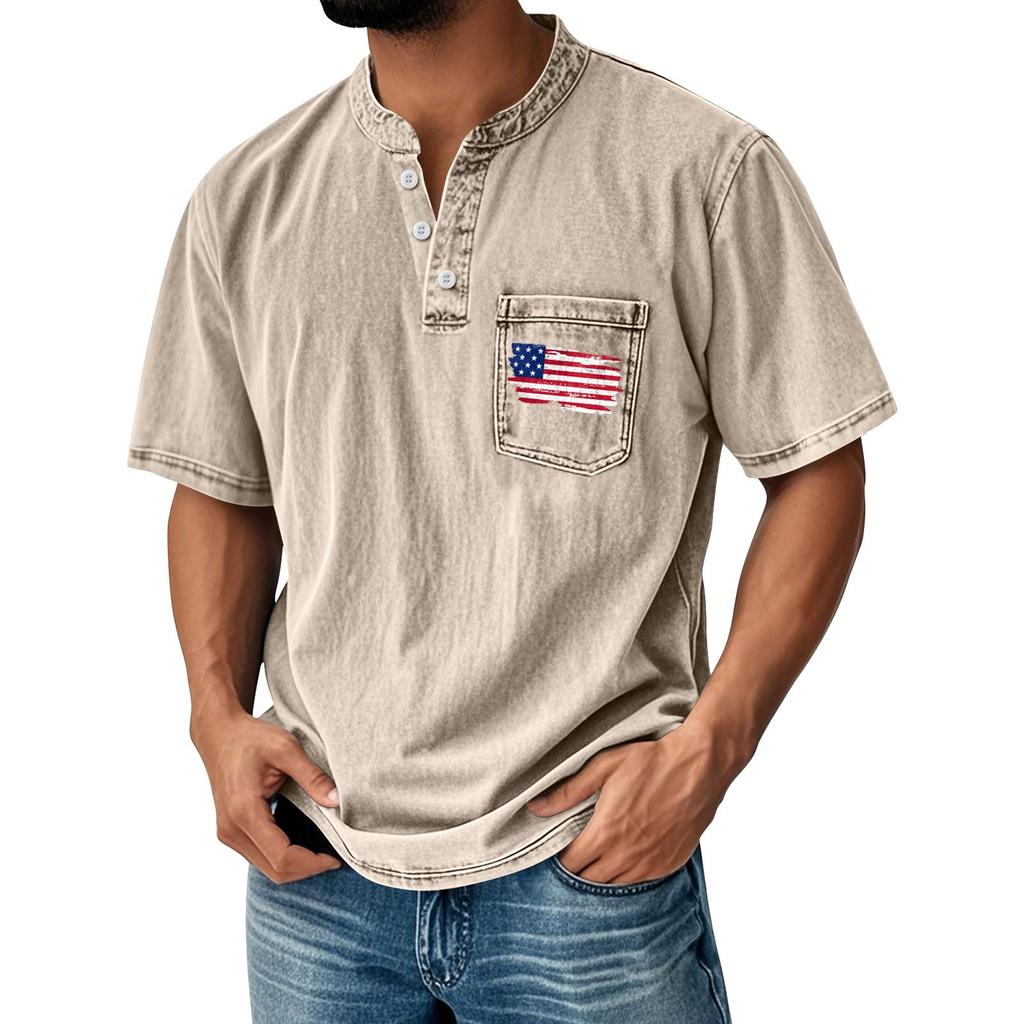 Men's Summer Independence Day Pattern Round Neck Short Sleeve T-Shirt Neck Men's All-match Casual Button Shirt