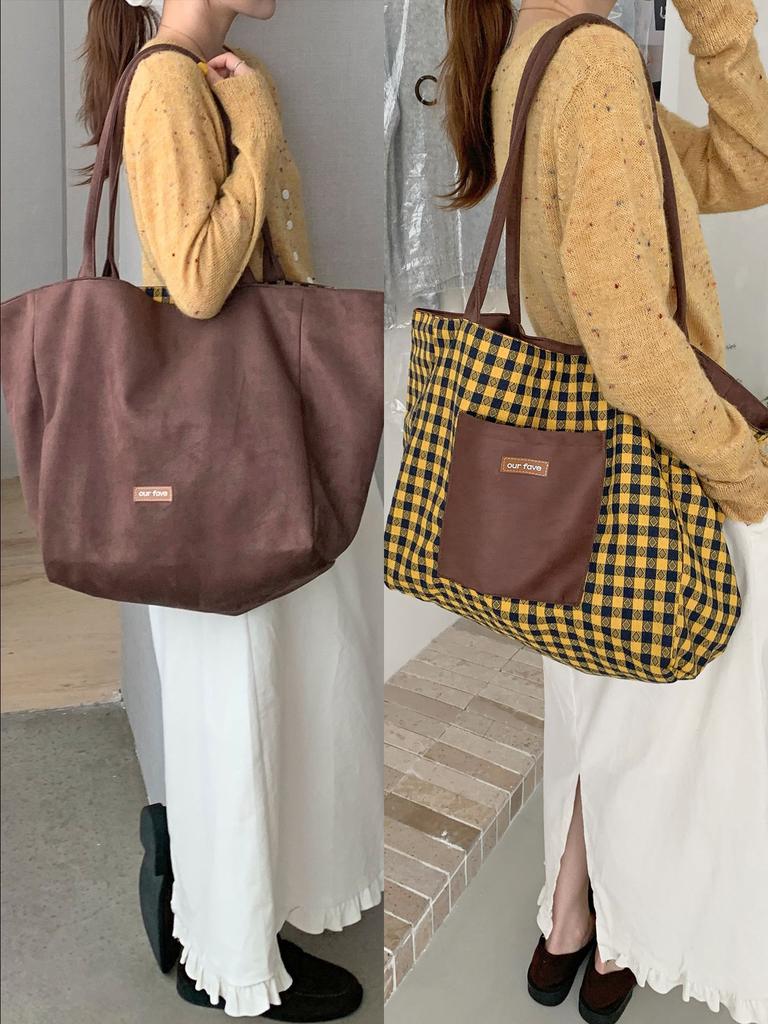 Double-sided Classic Suede Tote Bag for Women Retro Plaid Female Large Shoulder Bags Fall Winter Design Travel Pocket Handbags