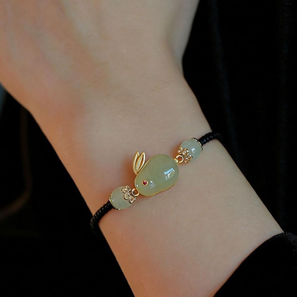 

PANJBJ 925 Sterling Silver Rabbit Bracelet For Women Hotan Jade Rope knit Retro Ethnic Design Elegant Dropshipping