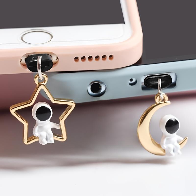 2 pièces Bouchon anti-poussière pour téléphone portable DIY Stéréo Astronaute Étoile Lune Pendentif Téléphone portable, Décorations de téléphone portable