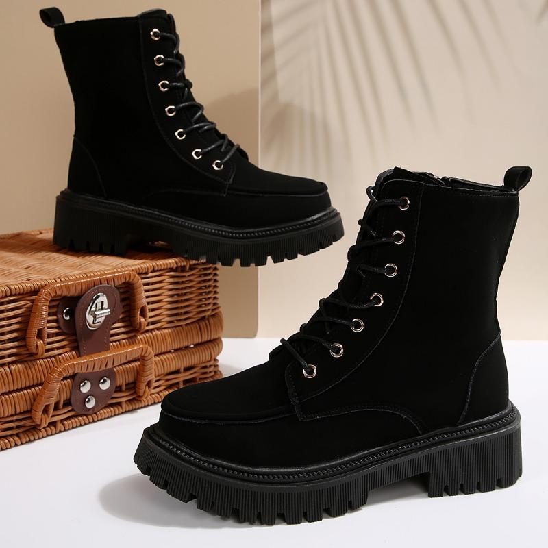 

Модные полусапожки на среднем каблуке Женские ботильоны на платформе Модные замшевые туфли на шнуровке 2025 Зимние новые тренды Удобная обувь Туфли-лодочки Челси Ботинки Mujer 42 чёрный