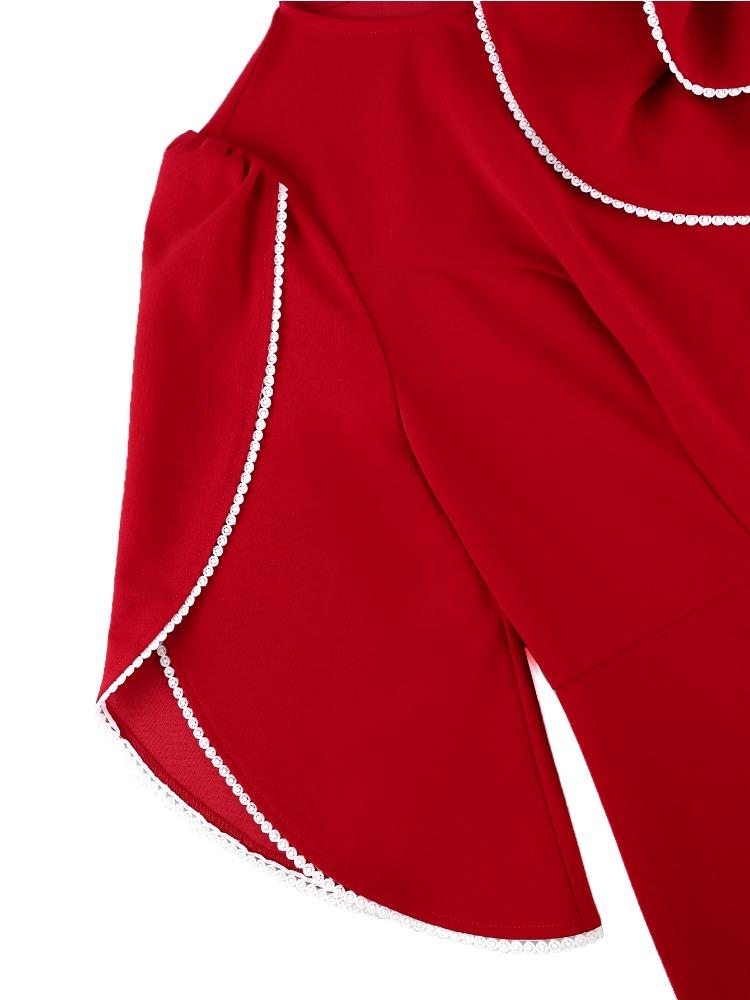 Red Three-dimensional Flower Contrast Color Decoration Ruffle Waist Fishtail Dress Elegant Slim Fit Women Dinner Party Dress