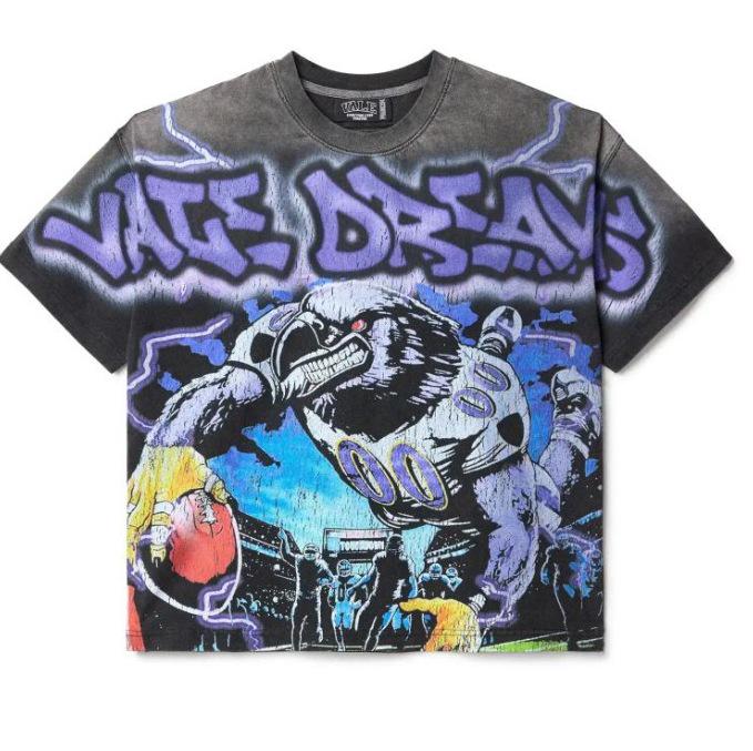 T-shirt Oversize Streetwear Retrò Americana con Stampa Scura e Effetto Usurato