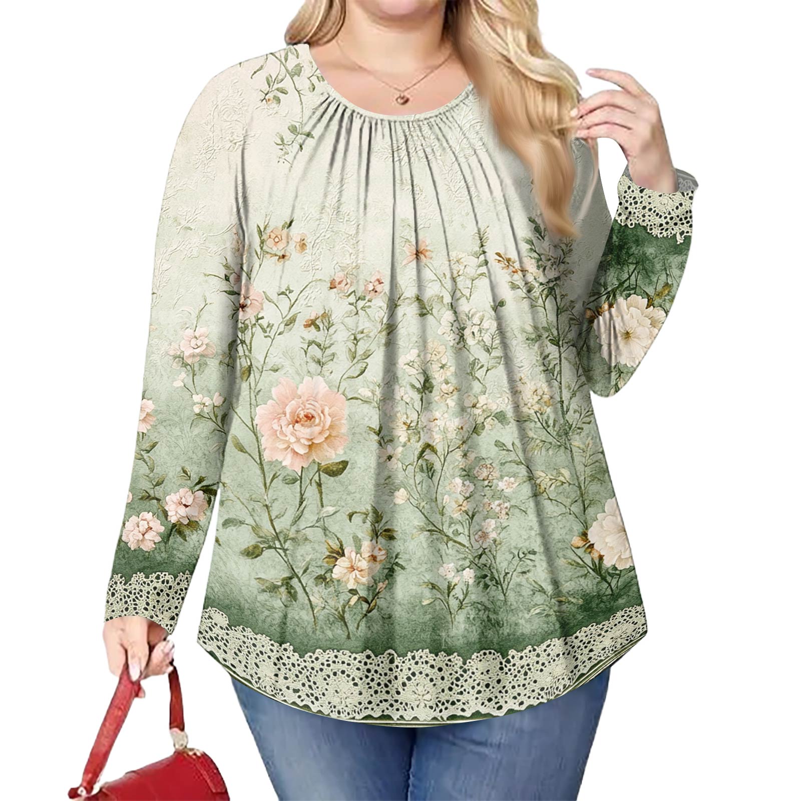 

Женский модный топ большого размера с принтом, повседневный плиссированный, с круглым вырезом и длинными рукавами XL