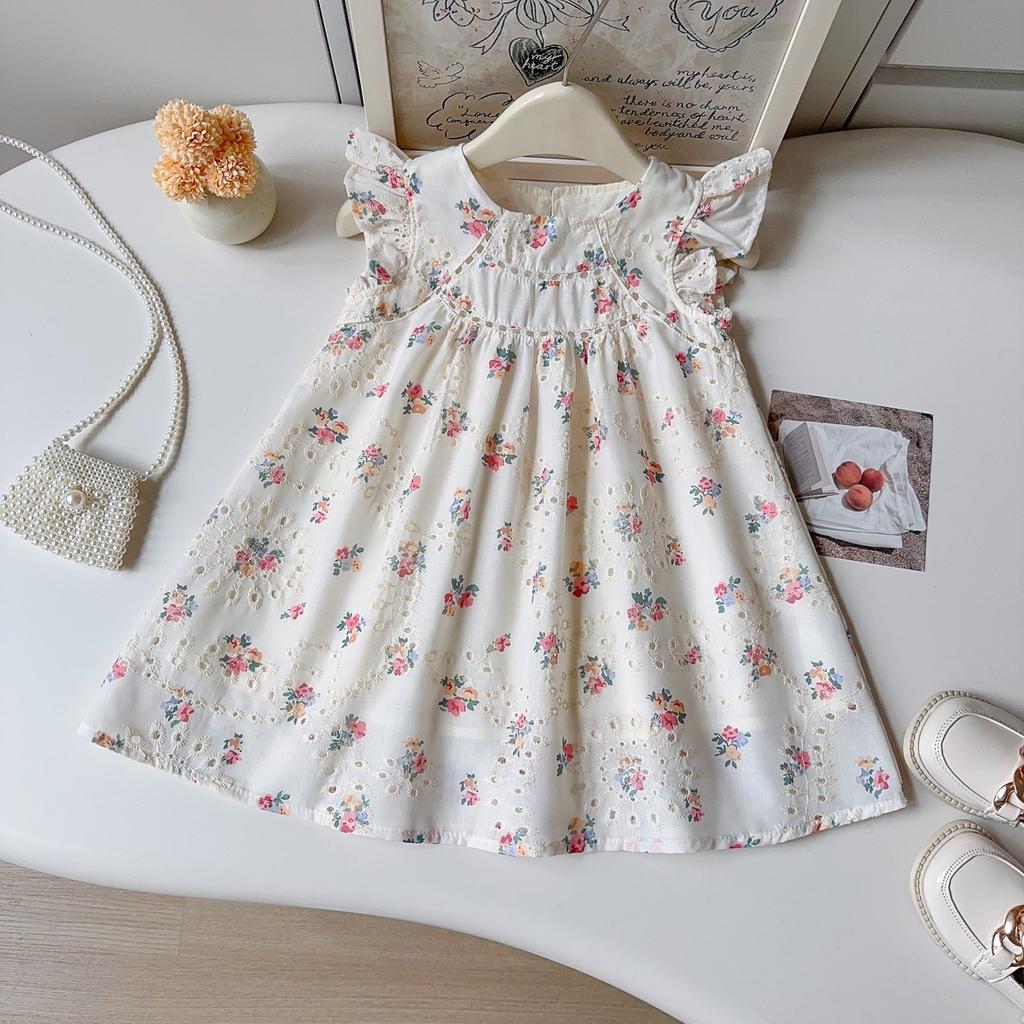 Girls Summer Embroidered Floral Dress Cute Flutter Sleeve Princess Vest Dress For Kids Children Party Wear