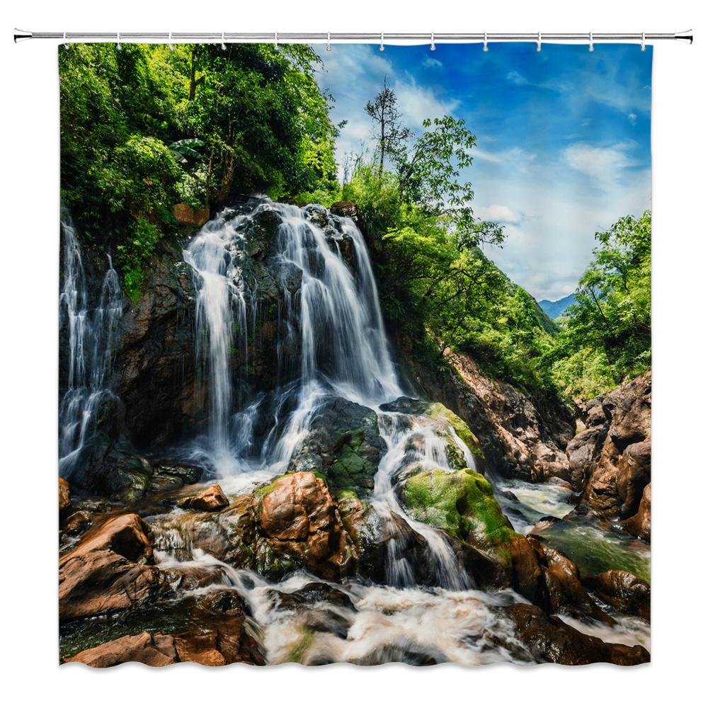 Natürliche Landschaft Duschvorhänge Wasserfall Grüne Wiese Blume Frühling Landschaft Badezimmer Dekor Wasserdichtes Stoffvorhang-Set