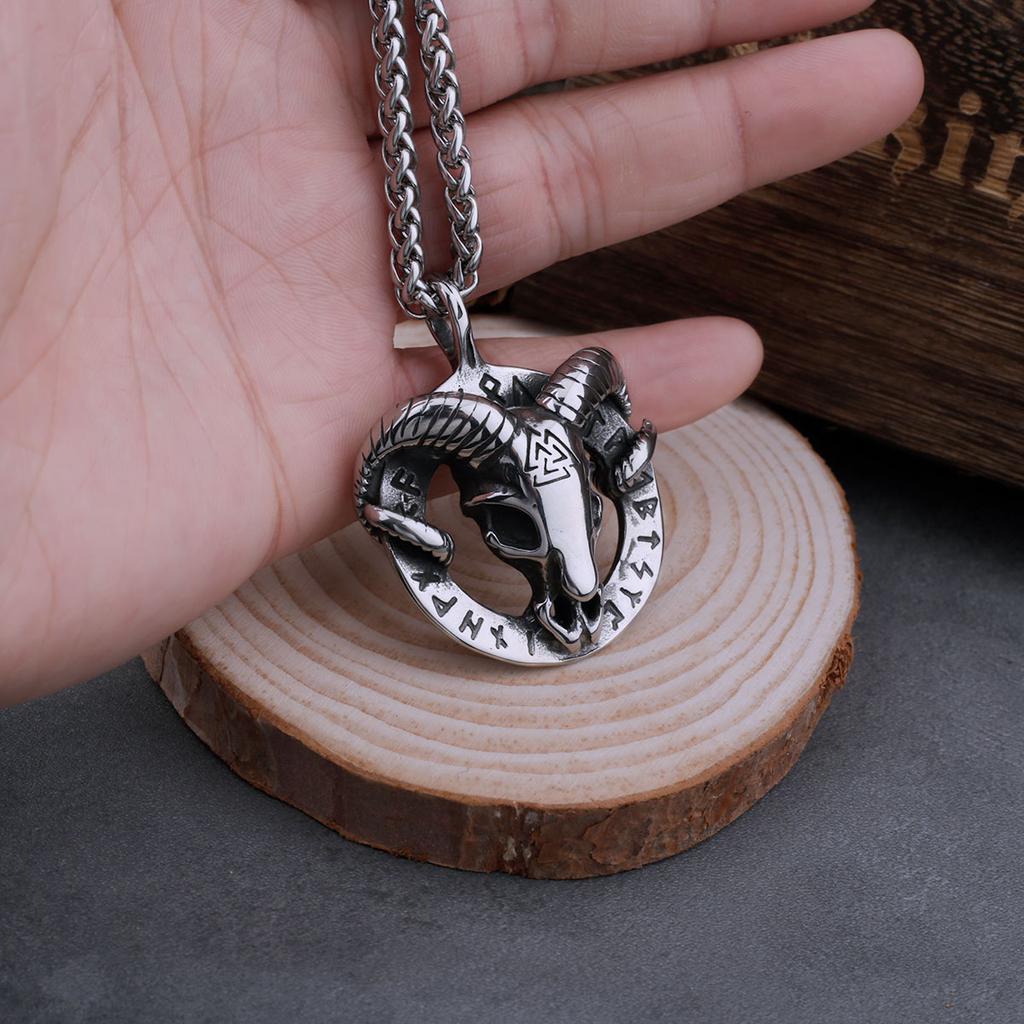 Stainless Steel Viking Rune Imitation Goat Head Necklace Men's Amulet Pendant Biker Gothic Party Club Jewelry Gift for Boyfriend