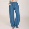 Casual Loose Wide-Leg Linen Pants with Elastic Lace-Up Waistband and Pockets