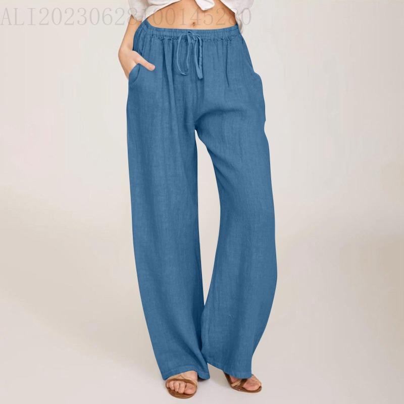 Casual Loose Wide-Leg Linen Pants with Elastic Lace-Up Waistband and Pockets