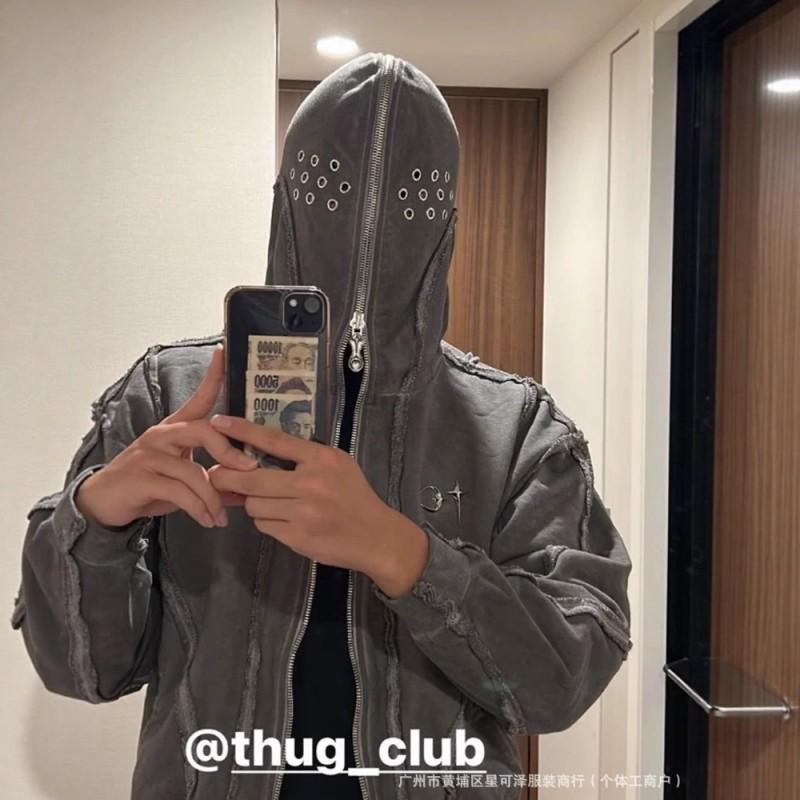 Distressed Oversized Hooded Zip-Up Sweatshirt Streetwear Loose Fit Cotton Pullover Men Fall