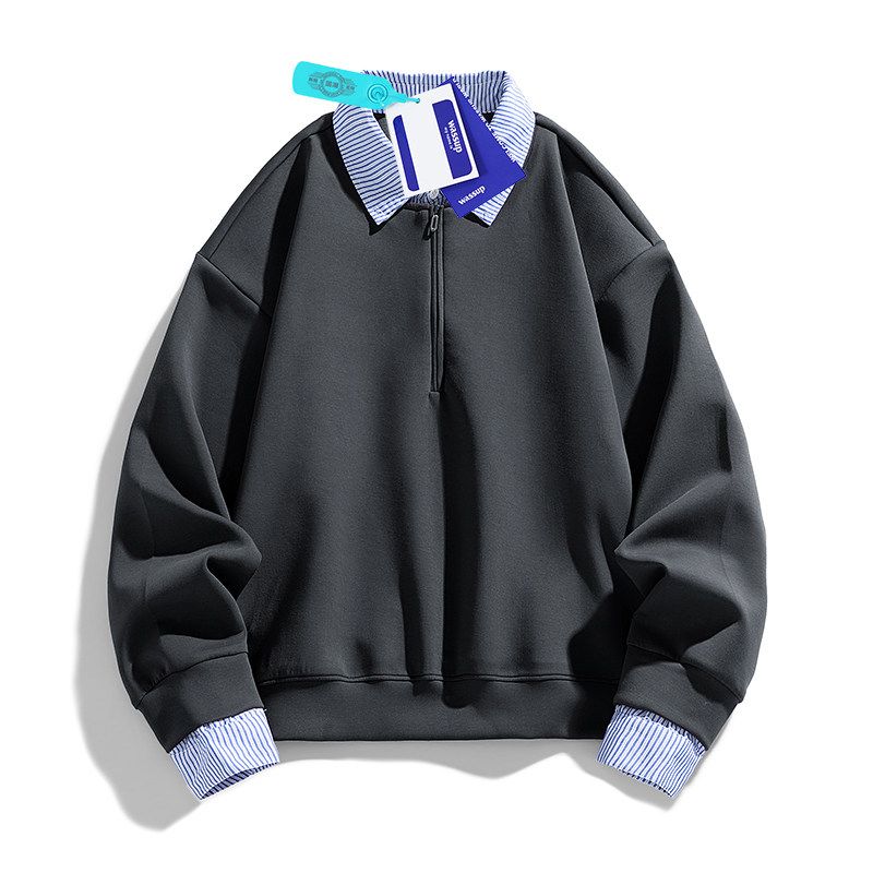 Wassup Retro Striped Patchwork Lapel Fake Two-Piece Sweatshirt for Women, Autumn Gray Loose Lazy Style American Top