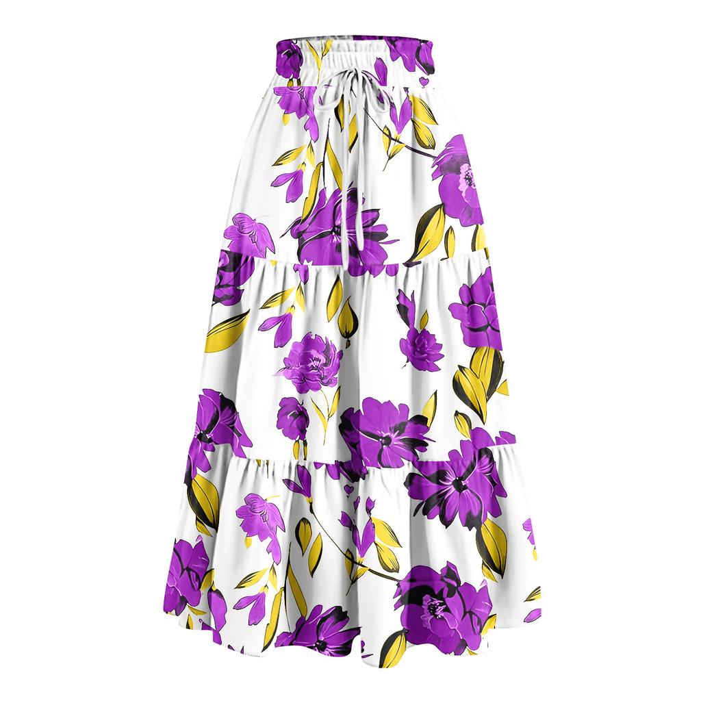 Gonna Lunga Casual Primaverile da Donna con Volant Gonna Tinta Unita Gonna Retro Pieghettata
