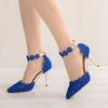 Blue Lace Beaded Flowers Wedding Shoes One-line Wristband Bride Shoes Thin Heel Pointed Sandals Stage Performance Shoes for Women