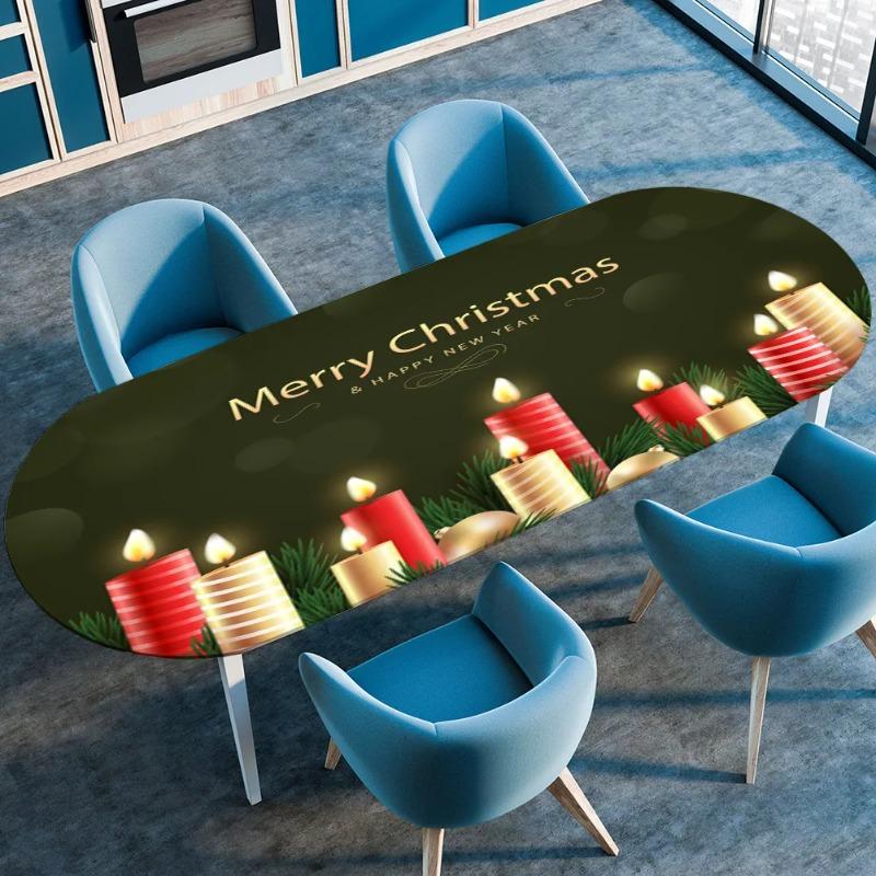 Водонепроницаемая маслостойкая скатерть для обеденного стола Овальная эластичная чехол для журнального столика Рождественский цветочный принт Рустикальная скатерть 91cmx152cm