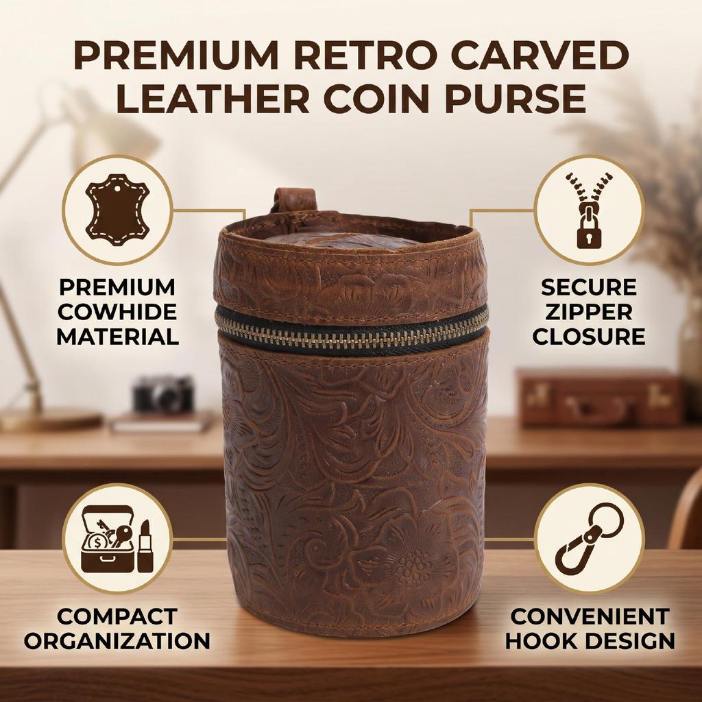 Bank Bucket Retro Carved Pattern Cylinder Portable Leather Zippered Bank
