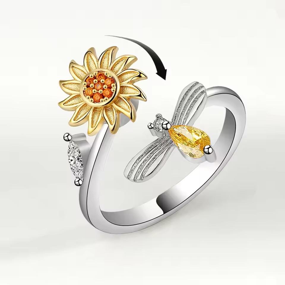 Anello Antistress Ansia Rotante Fiore per Donna Zircone Animale Ape Anello Spinner Metallico Regolabile Ragazza Festa Gioielli alla Moda