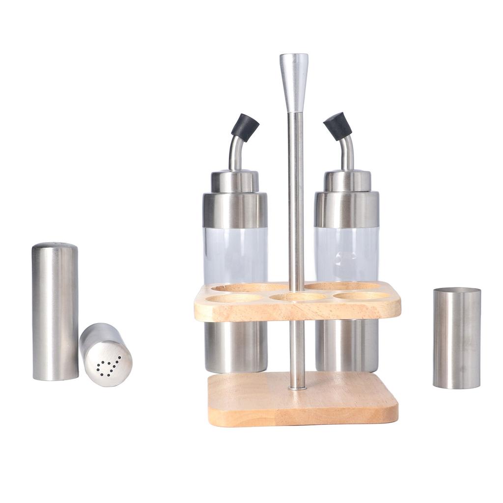 Set Sticle Condimente cu Raft de Lemn Oțel Inoxidabil 304 Suport Sticle Condimente pentru Masă Bucătărie