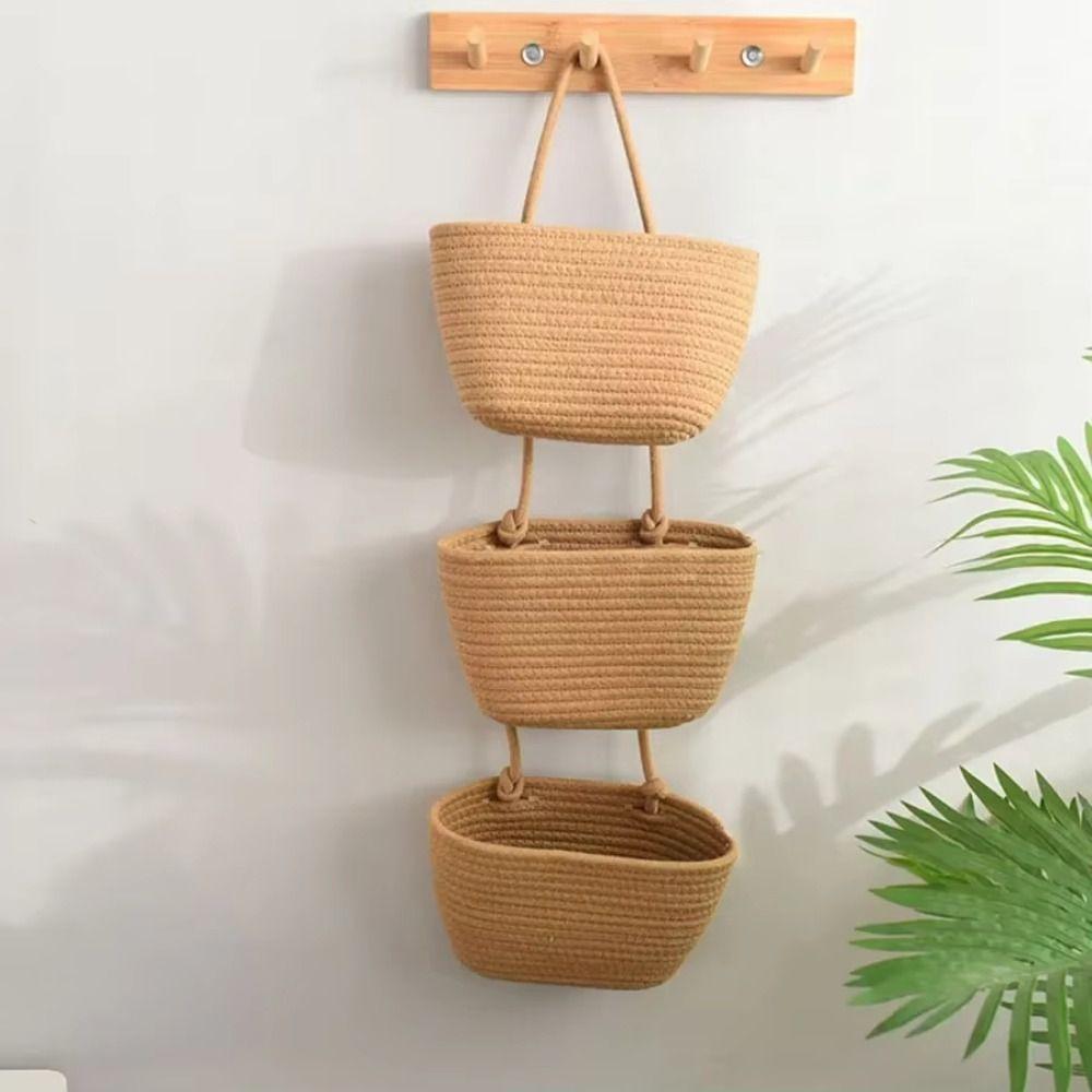 3-Tier Woven Hanging Organizer Handwoven Wall Hanging Pouch Wall Mount Storage Bag  Bathroom