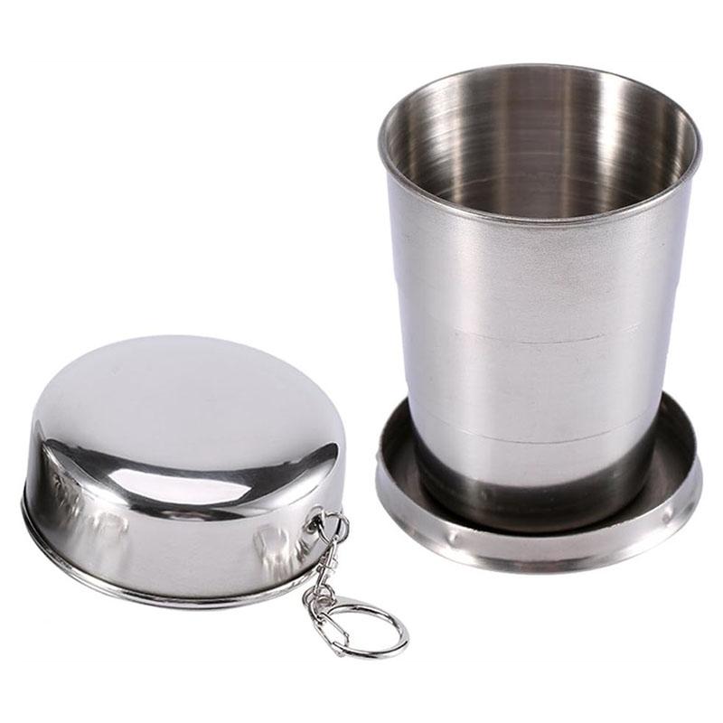 250ml Collapsible Travel Cup With Keychain 2pcs Stainless Steel Folding Camping Cup Portable Drinking Mug Travel Reusable Cups