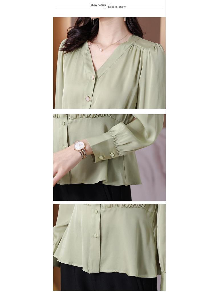 2023 Damen V-Ausschnitt Satin Seide Langarm Oberteil - Herbstmode Slim-Taille Design