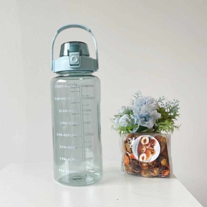 2L Water Bottle with Time Mark, Reusable Outdoor Sports Water Bottle, Straw, Portable Plastic Cup, Large Capacity