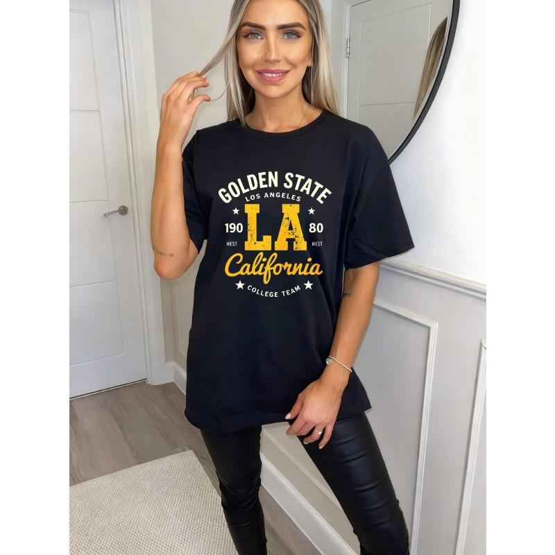 Oversized T Shirt Black Golden State Los Angeles La California College Team Print Casual Wear For Women Summer Outfit Streetwear Fashion Top