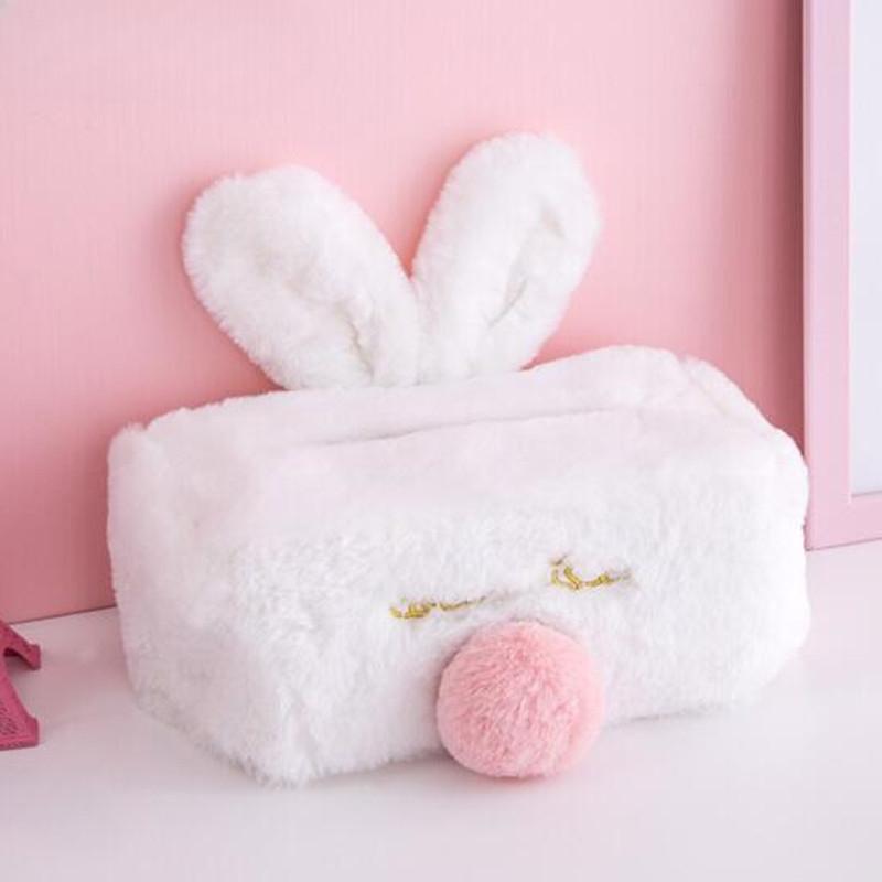 Sweet Color Pink White Plush Rabbit Tissue Box Durable Home Car Hotel Sofa Paper Tissue Holder Napkin Case Pouch Girl's Gift