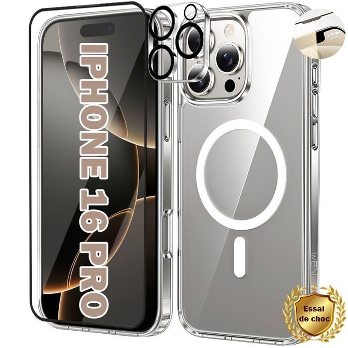 Coque téléphone - WENZYLIQUOX - iPhone 16 Pro - Magnétique MagSafe - Dos verre trempé + protection écran - Bumper TPU antichoc