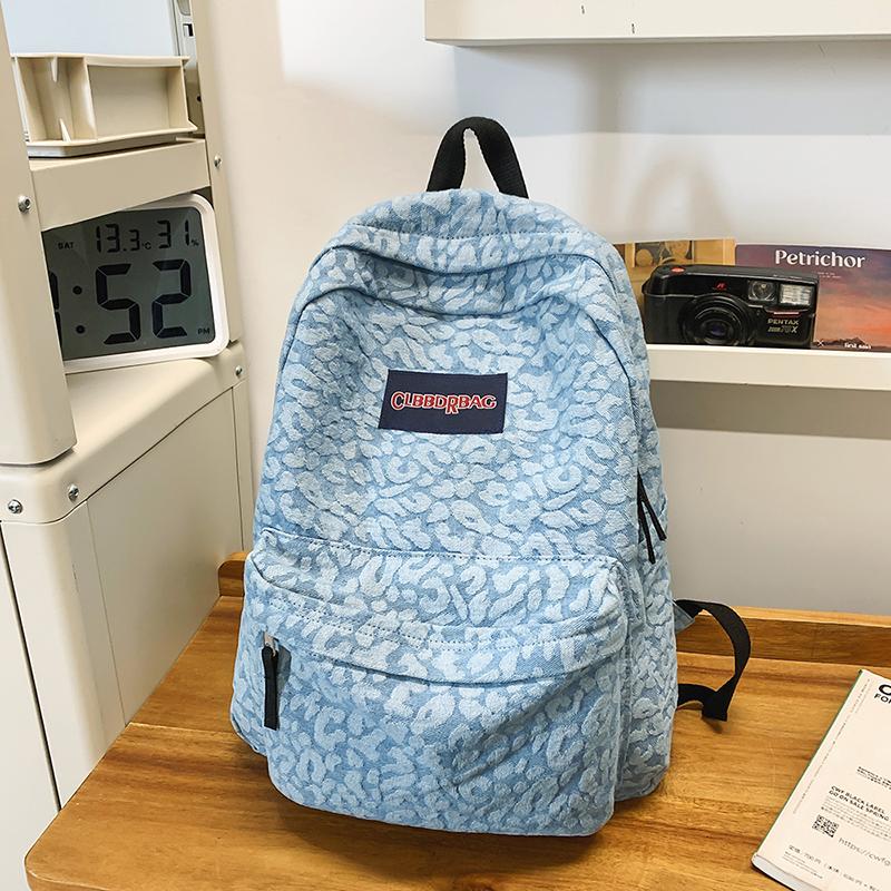 Leopard Print Denim Backpack Student Schoolbag Women Lightweight Backpack