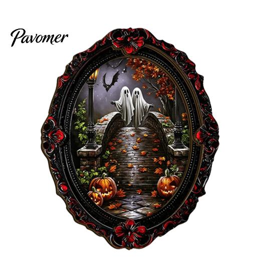 Decorative Metal Cabinet Stickers Halloween Wooden Refrigerator Magnets, Vintage Gothic Oval Frame Fridge Magnets with Witch Niche Holiday Souvenir