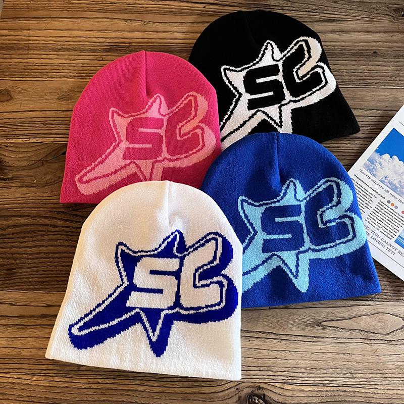 Pattern Sc Alphabet Acrylic Beanie Knit Hat Unisex Warm Hat For Outdoor Use